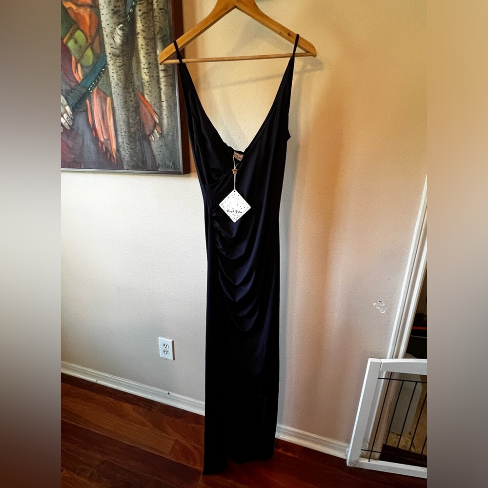 Navy Blue Angel Biba Formal Dress With Ruching And Asymmetric Front Slit Small